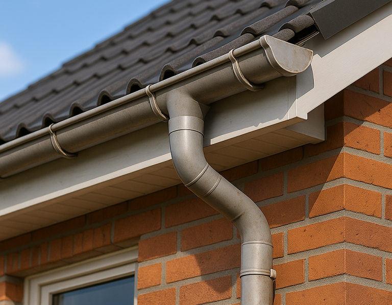 Canalón de pvc en el borde de un tejado de tejas sobre una pared de ladrillos.