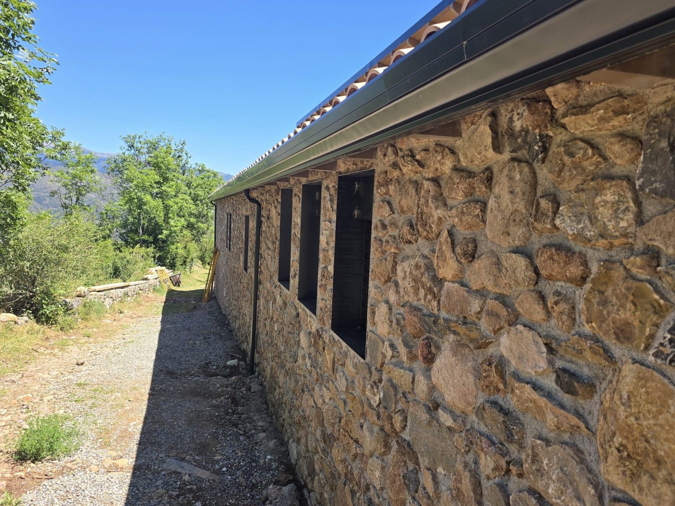 Edificio de piedra con ventanales, rodeado de vegetación y cielo despejado.