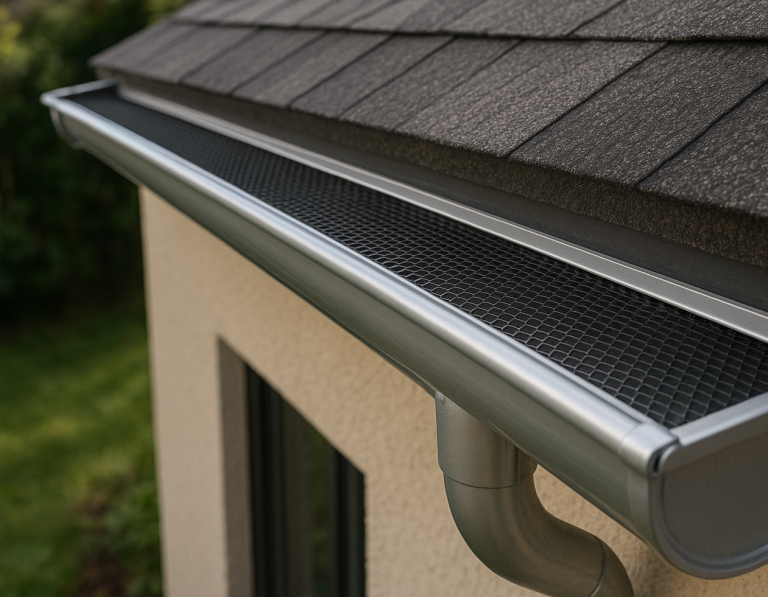 Canalón de pvc en el borde de un tejado de tejas sobre una pared de ladrillos.