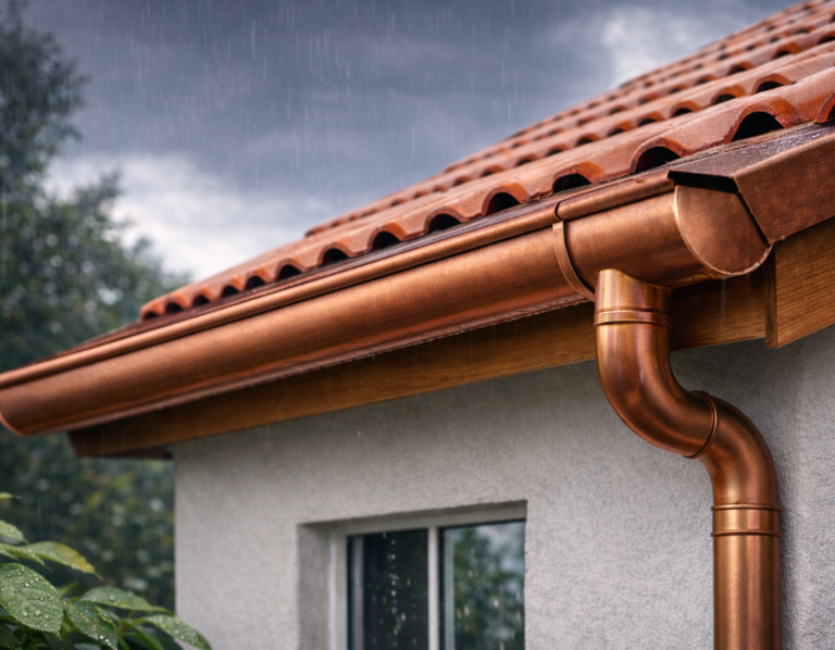 Canalón de pvc en el borde de un tejado de tejas sobre una pared de ladrillos.